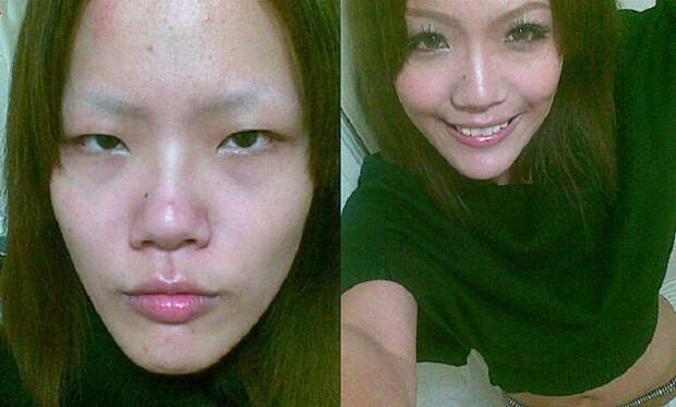 18 девушек-азиаток до и после макияжа.