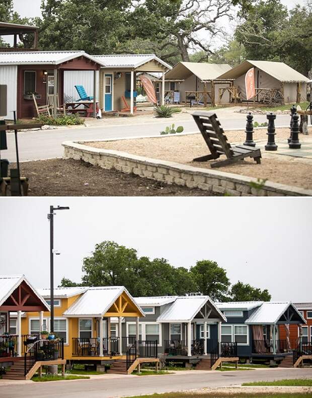 Территория деревни для бездомных Community First разбита на улицы и кварталы с общими зонами отдыха (Остин, Техас).
