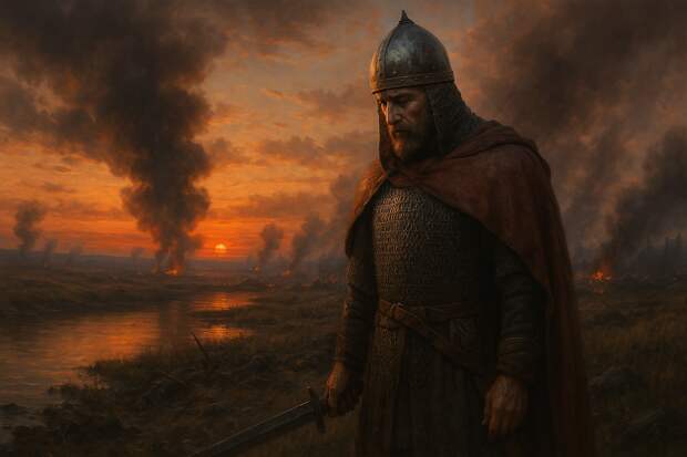 Князь Мстислав Удатный в кольчуге и шлеме, усталый, с опущенным мечом, стоит на берегу реки, его лицо полное горечи и тяжёлых мыслей.