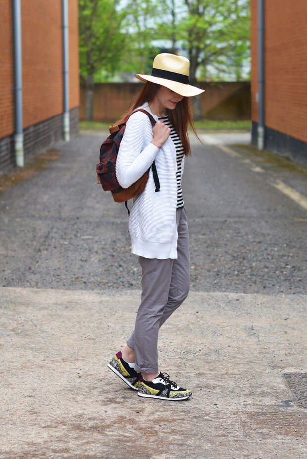 Spring style | Straw fedora, Breton stripes, chinos and multi coloured sneakers