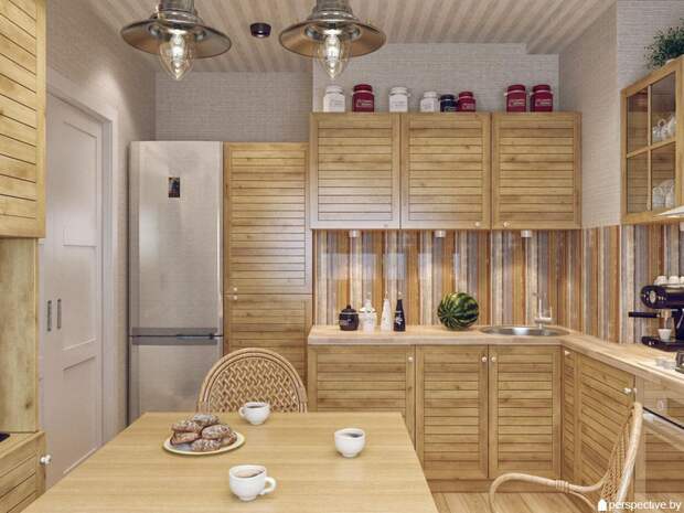 Интерьер квартиры в современном стиле, интерьер кухни, деревянная мебель на кухне