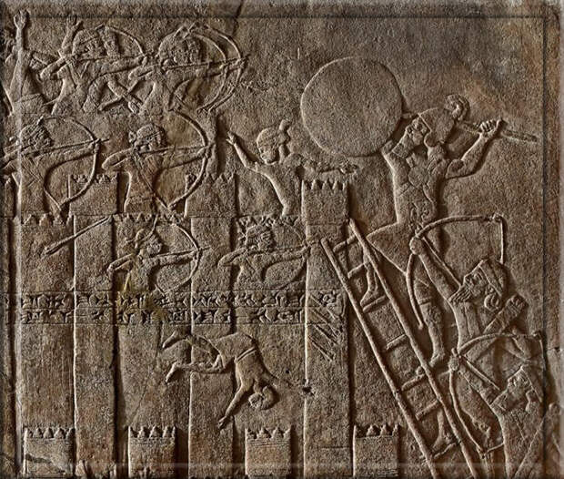 Фрагмент рельефа, изображающий ассирийскую осаду эламского форта. 645–635 до н.э. Фрагмент рельефа, изображающий ассирийскую осаду эламского форта. 645–635 до н.э.