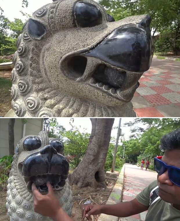 По всей видимости скульптуру льва Яли отлили из гранита, вставив в пасть шар из оникса (Uthirakosamangai, Индия).