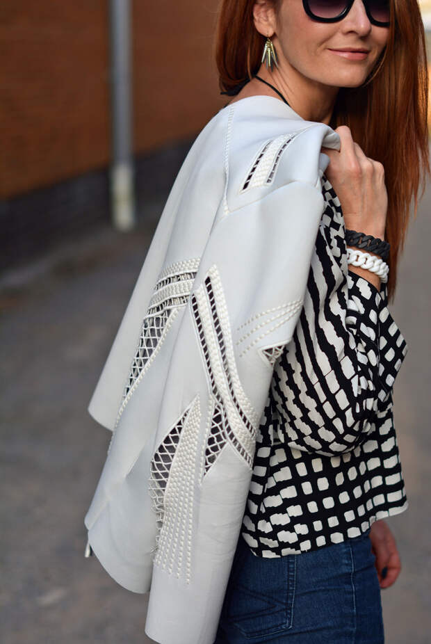 White cut out jacket, black and white boxy top