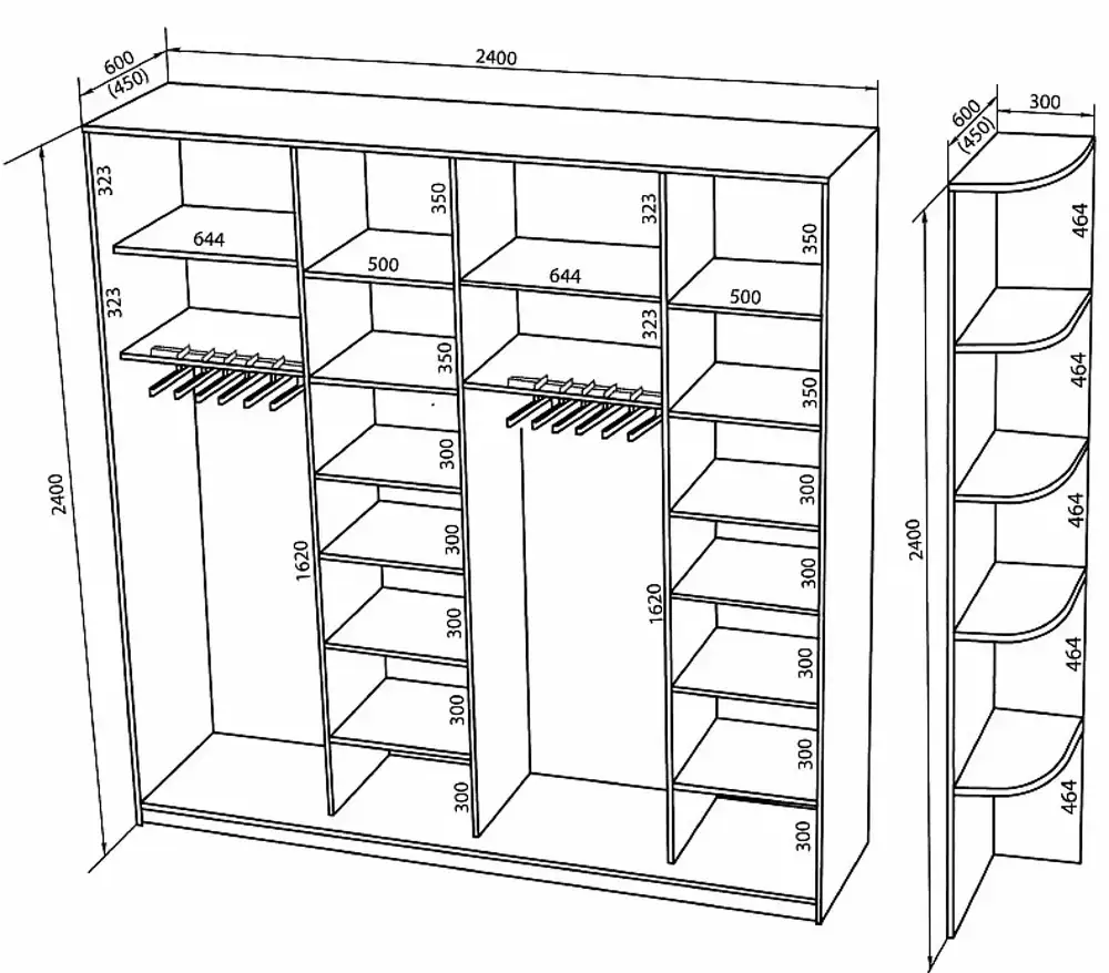 схемы шкафов купе с размерами во всю стену