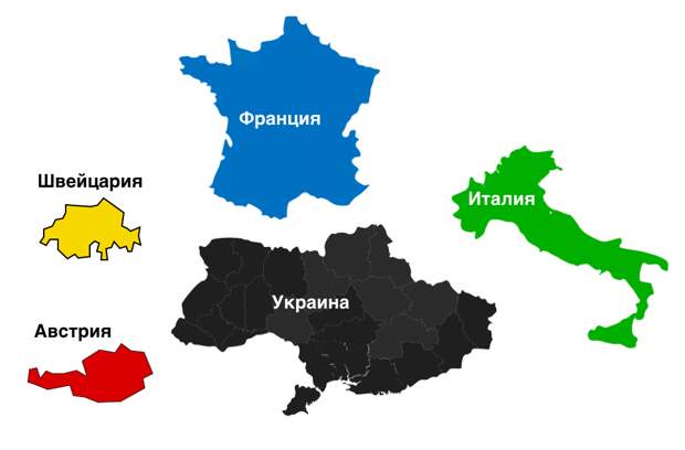 Сравнительные размеры Украины и других стран Европы