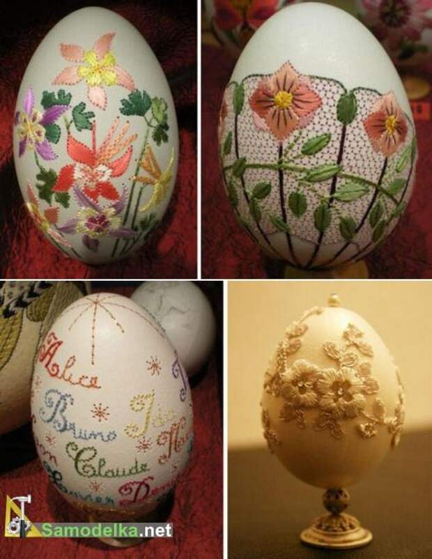вышивка на яйцах - сложные цветы и надписи
