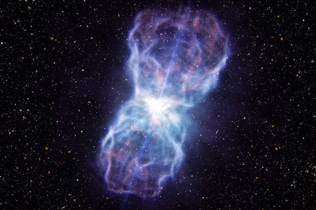 EMBARGOED UNTIL NOVEMBER 28, 2012 AT 12:00 CET A handout artist impression released on November 26, 2012 by the European Southern Observatory (ESO) shows the material ejected from the region around the supermassive black hole in the quasar SDSS J1106+1939. This object has the most energetic outflows ever seen, at least five times more powerful than any that have been observed to date. Quasars are extremely bright galactic centers powered by supermassive black holes. Many blast huge amounts of material out into their host galaxies, and these outflows play a key role in the evolution of galaxies. But, before this object was studied, the observed outflows weren’t as powerful as predicted by theorists. The very bright quasar appears at the centre of the picture and the outflow spreads about 1000 light-years out into the surrounding galaxy. AFP PHOTO / EUROPEAN SOUTHERN OBSERVATORY / L. Calзada RESTRICTED TO EDITORIAL USE - MANDATORY CREDIT &quot;AFP PHOTO /  EUROPEAN SOUTHERN OBSERVATORY  / L. Calзada&quot; - NO MARKETING NO ADVERTISING CAMPAIGNS - DISTRIBUTED AS A SERVICE TO CLIENTS