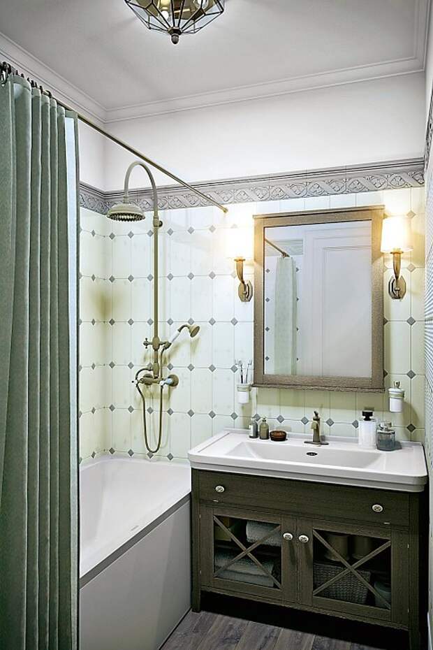 Стены в ванной почти полностью выложат октагональной плиткой, дополненной декором, из-за чего будет казаться, что поверхности закрыты панелями с каретной стяжкой. В крошечном туалете нижн...