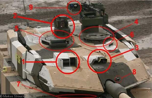На фото отмечены оптические приборы и смотровые отверстия на немецком танке "Леопард 2А4". 