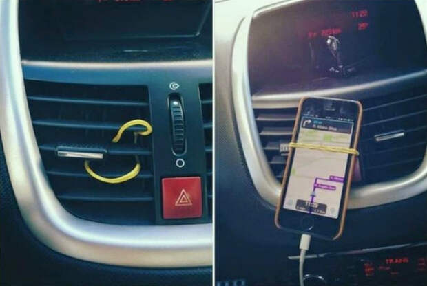 Закрепить телефон в автомобиле можно с помощью простой канцелярской резинки.