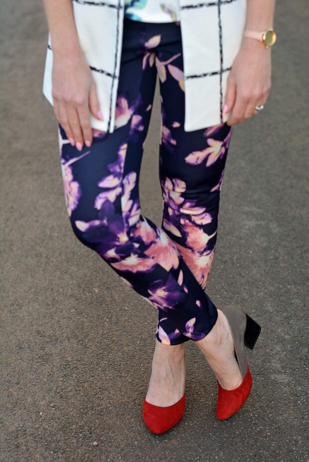 Spring style: White check jacket with floral leggings and two tone heels
