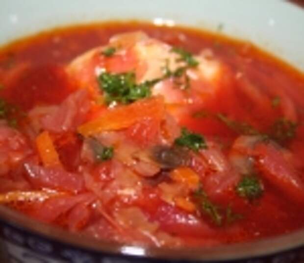 Борщ с шампиньонами на куриных окорочках