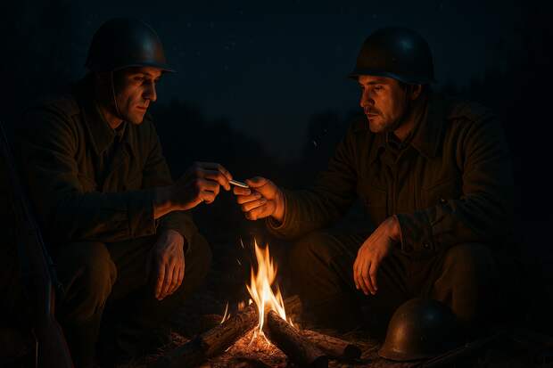 Фронтовая ночь. Лес или поле, вокруг темнота и звёздное небо. У костра сидят два советских солдата в шинелях. Один достаёт последнюю самокрутку, другой протягивает руку. Они делят её пополам, молча, с серьёзными лицами.