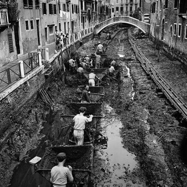 Очистка каналов в Венеции, 1956 г. Очистка каналов в Венеции, 1956 г. интересно, история, картинки, факты, фото