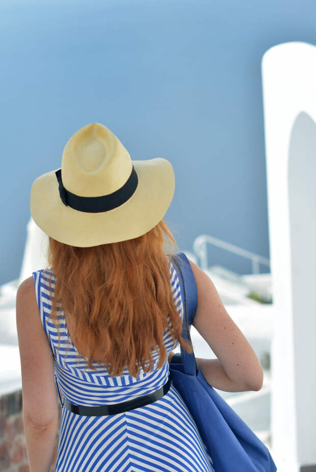 Blue and white striped dress in Santorini | Not Dressed As Lamb