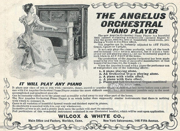 Реклама пианолы Angelus, Коннектикут, 1899. америка, история, реклама