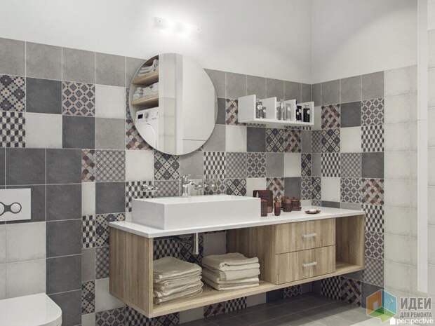 Интерьер ванной комнаты в серых тонах, плитка пэчворк в ванной