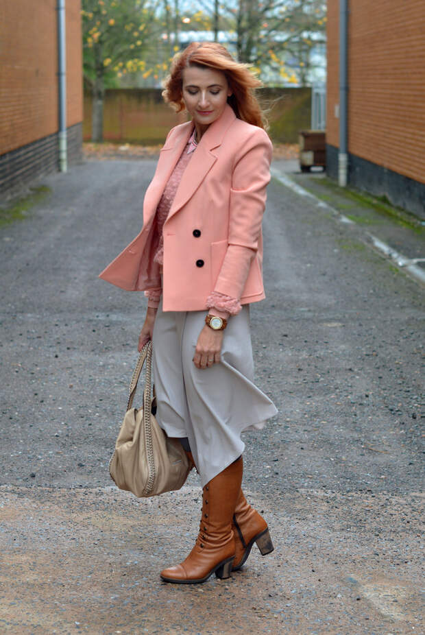 Peach tailored jacket, grey midi skirt, tan boots