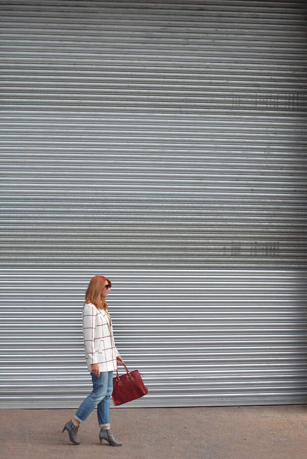 Black and white window-pane check coat, boyfriend jeans, grey booties