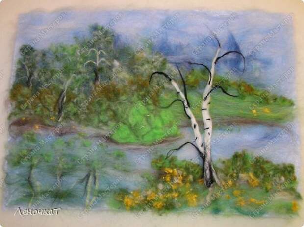 Картина панно рисунок Мастер-класс Валяние фильцевание Берёзовая роща у реки Шерсть фото 15