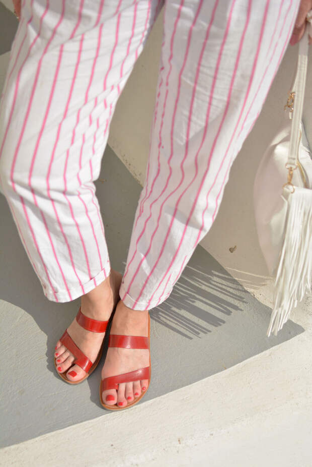 Vintage DVF pink and white striped jumpsuit, red sandals