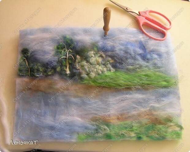 Картина панно рисунок Мастер-класс Валяние фильцевание Берёзовая роща у реки Шерсть фото 11