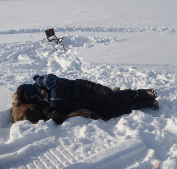 Так лежать и спать на снегу можно только при плюсовой температуре, когда за тобой кто-то приглядывает из друзей.