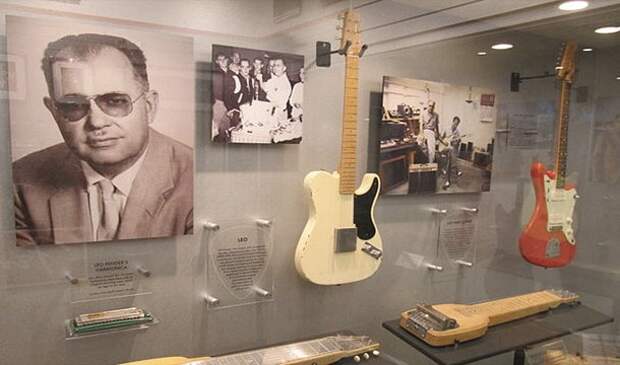 Портрет Лео Фендера на стене и гитары