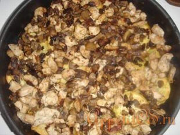 Далее курицу с грибами и луком