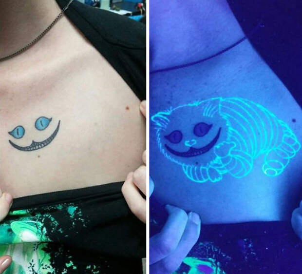 Cheshire Cat Tattoo Where A Full Cat Appears Under Black Light