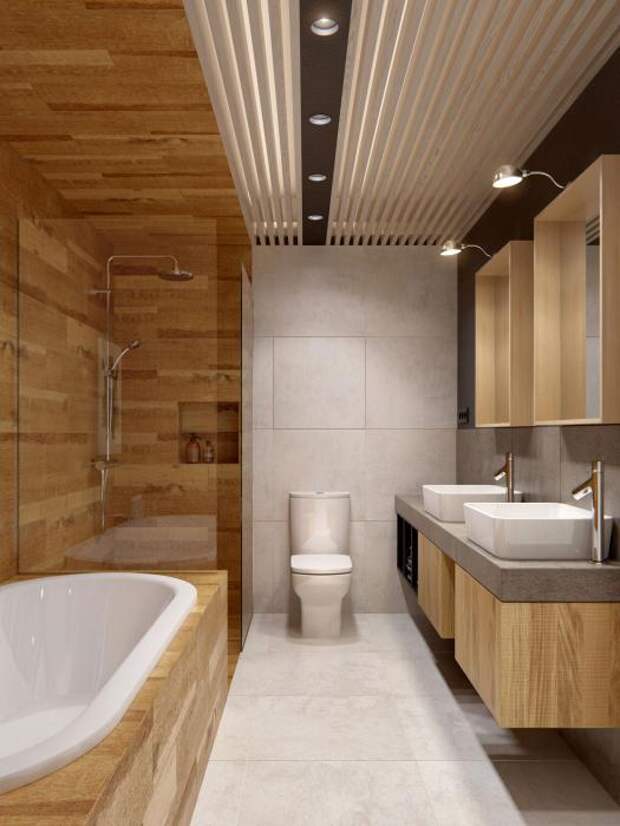 Дизайн-проект в таунхаусе, ванная комната отделка под дерево