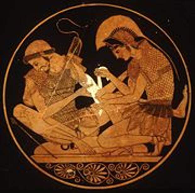 Ахилл перевязывает раненного Патрокла. Рисунок на вазе. V в. до н.э. Берлин