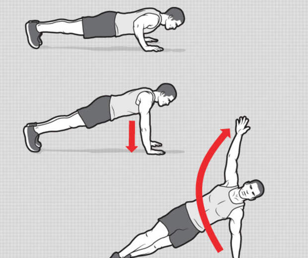 Т-образные отжимания Выполните обычное отжимание, в нижней точке поднимите правую руку вверх. Повернитесь на носках и опустите пятки на пол. Вернитесь в исходное положение и повторите, на этот раз поднимая левую руку. 10 повторений, 3 подхода.