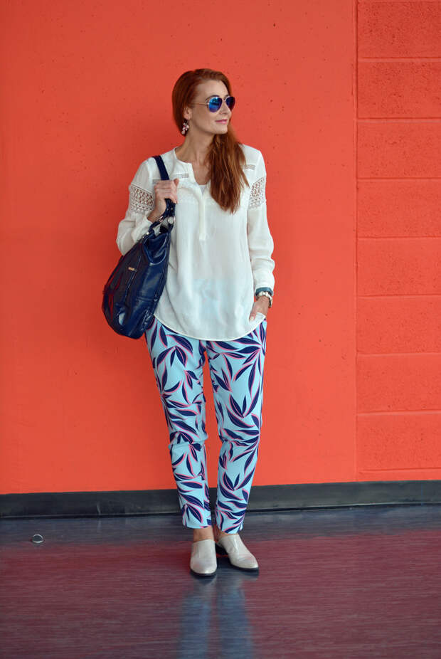 White boho top, palm print trousers | Not Dressed As Lamb