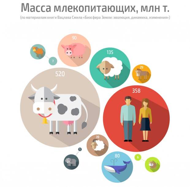 Масса млекопитающих, млн тонн (по материалам книги Вацлава Смила «Биосфера Земли: эволюция, динамика, изменения»)