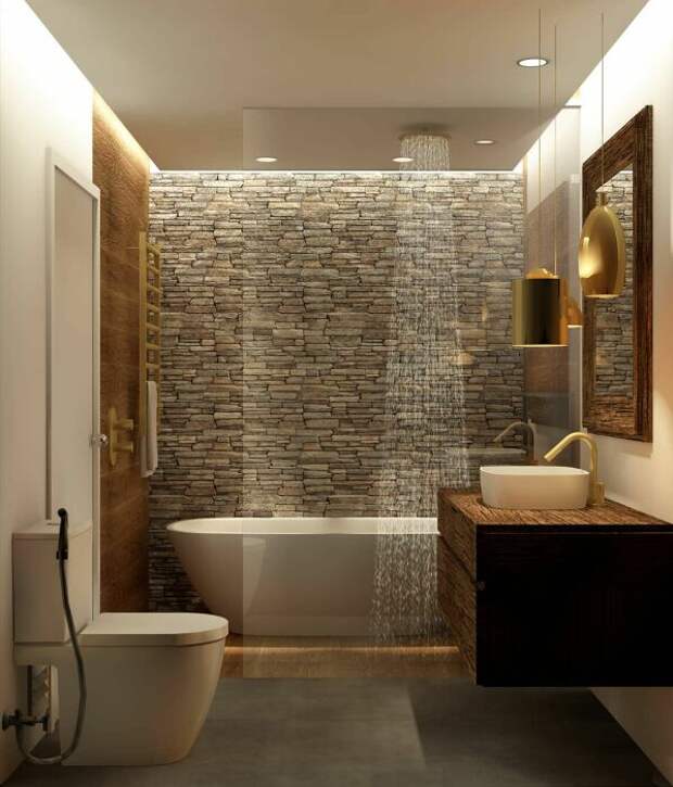 Камень – отличное решение для отделки ванной комнаты. /Фото: i.pinimg.com