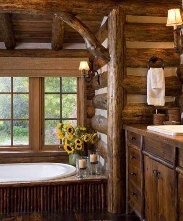 интерьер деревянного дома фото ванной комнаты