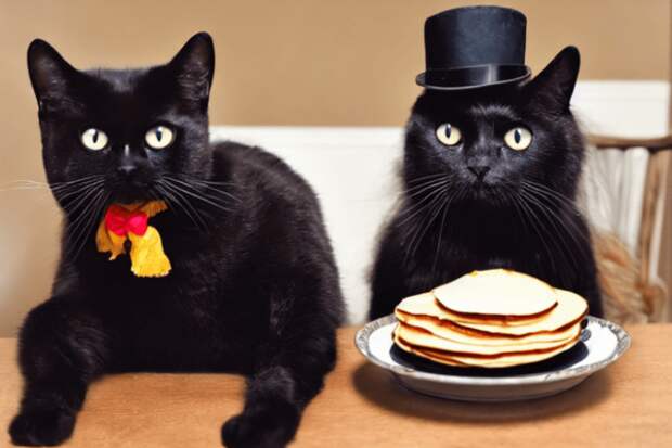 Сервис Playground AI для создания картинок. Черный кот сидит в кресле в шляпе и ест блины по версии Playground AI. Сервис Playground AI для создания картинок. Черный кот сидит в кресле в шляпе и ест блины по версии Playground AI. Фото.