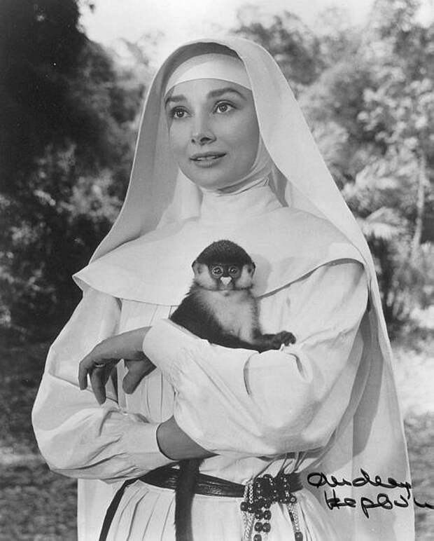 Одри Хепберн и животные: обезьяна / Audrey Hepburn and animals: monkey. Photo 