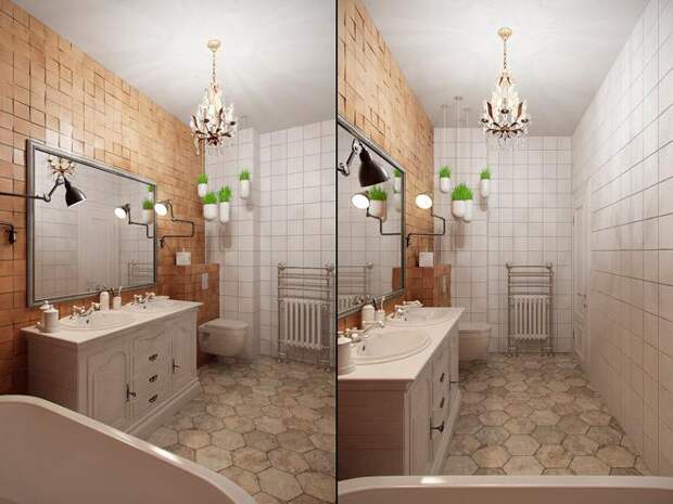 Интерьер ванной комнаты, плитка с фактурой дерева, напольная плитка соты