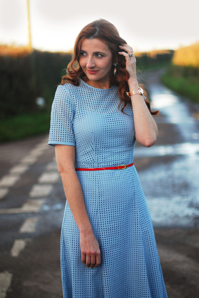 Pale blue fit-n-flare eyelet dress