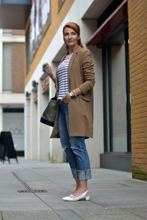 Preppy style | Longline camel blazer, Breton top, pointed white flats