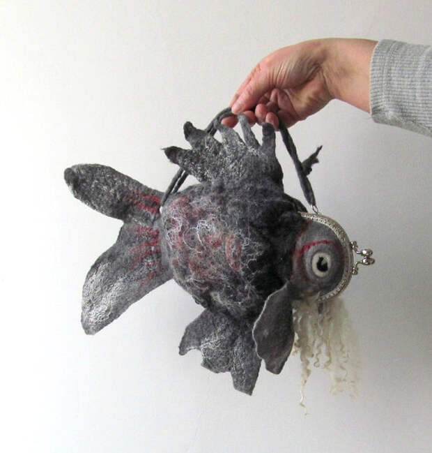 Felted fish purse cosmetic Grey Striated frogfish Metal Frame  octopurse