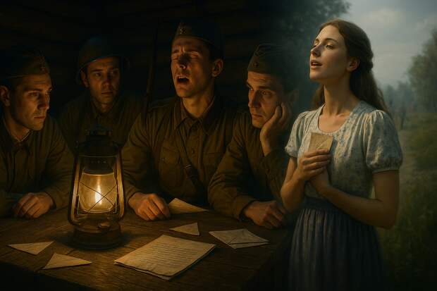 1942 год. Землянка на фронте. Несколько солдат сидят вокруг керосиновой лампы. Один тихо напевает «Катюшу», остальные слушают, лица усталые, но в глазах — воспоминания о доме.