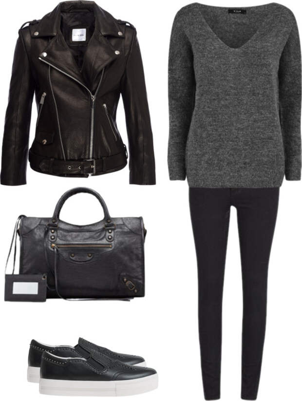 BLACK FAUX LEATHER JACKET / MARBLED LONG-SLEEVED SHIRT / BLACK JEANS / BLACK LEATHER MOTO BAG / BLACK LEATHER SLIP-ON SNEAKERS