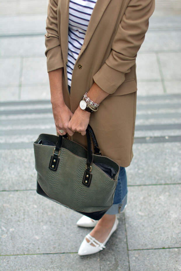 Preppy style | Longline camel blazer, Breton top, pointed white flats