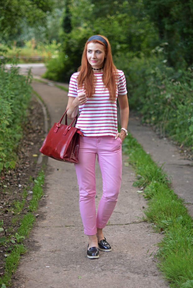 Red striped Breton t-shirt, pink chinos, black patent loafers