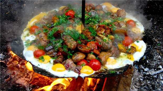 Походная тарелка еда, костер, мясо, тарелка