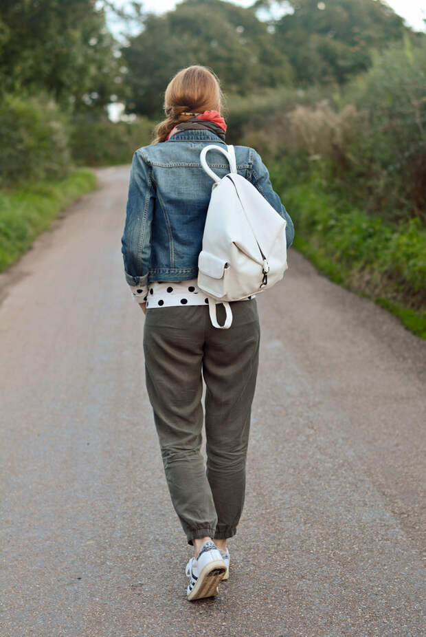 Casual weekend wear | Denim jacket with scarf, polka dots, khaki pants, Adidas Originals